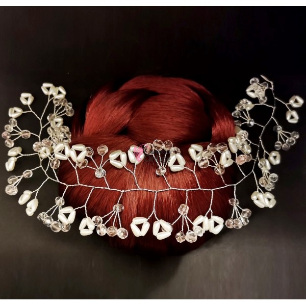 Accesoriu modern pentru decor par WED28 Argintiu cu cristale si perle de 35cm